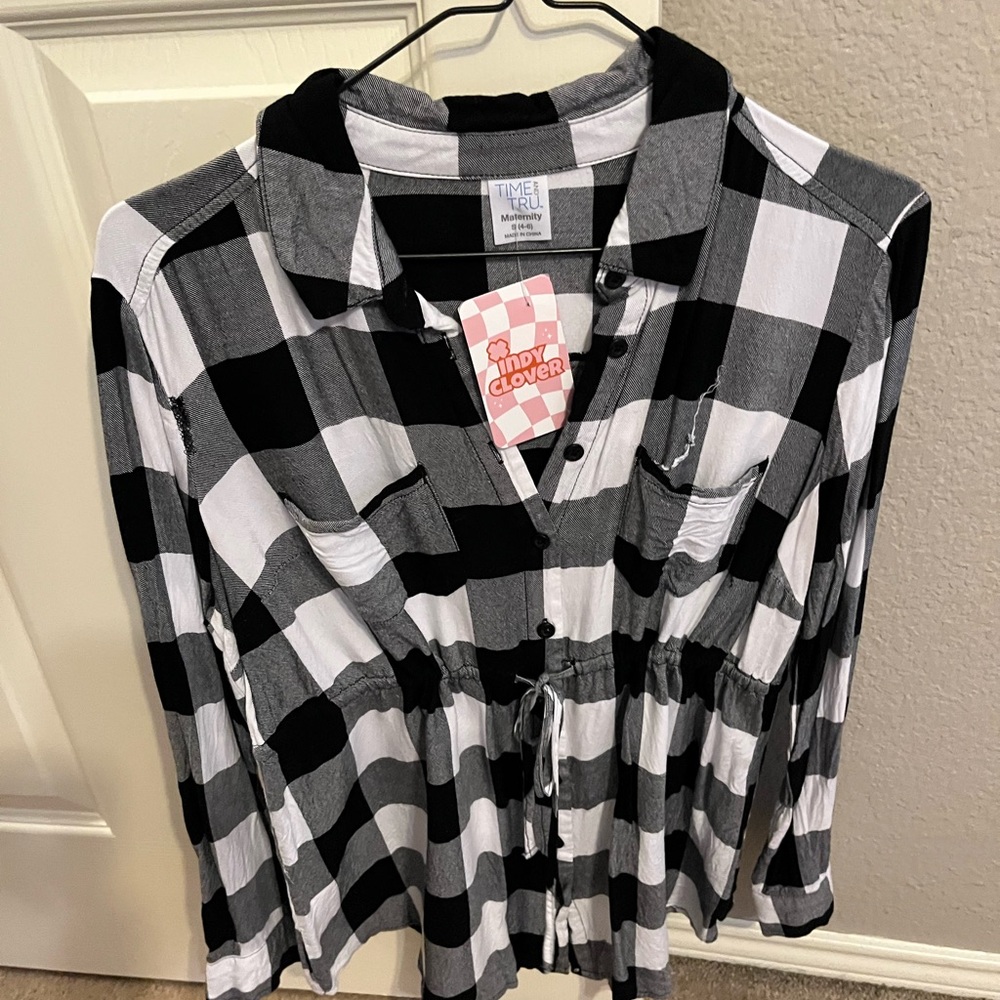 Black and White Buffalo Check Maternity Button-Up Shirt